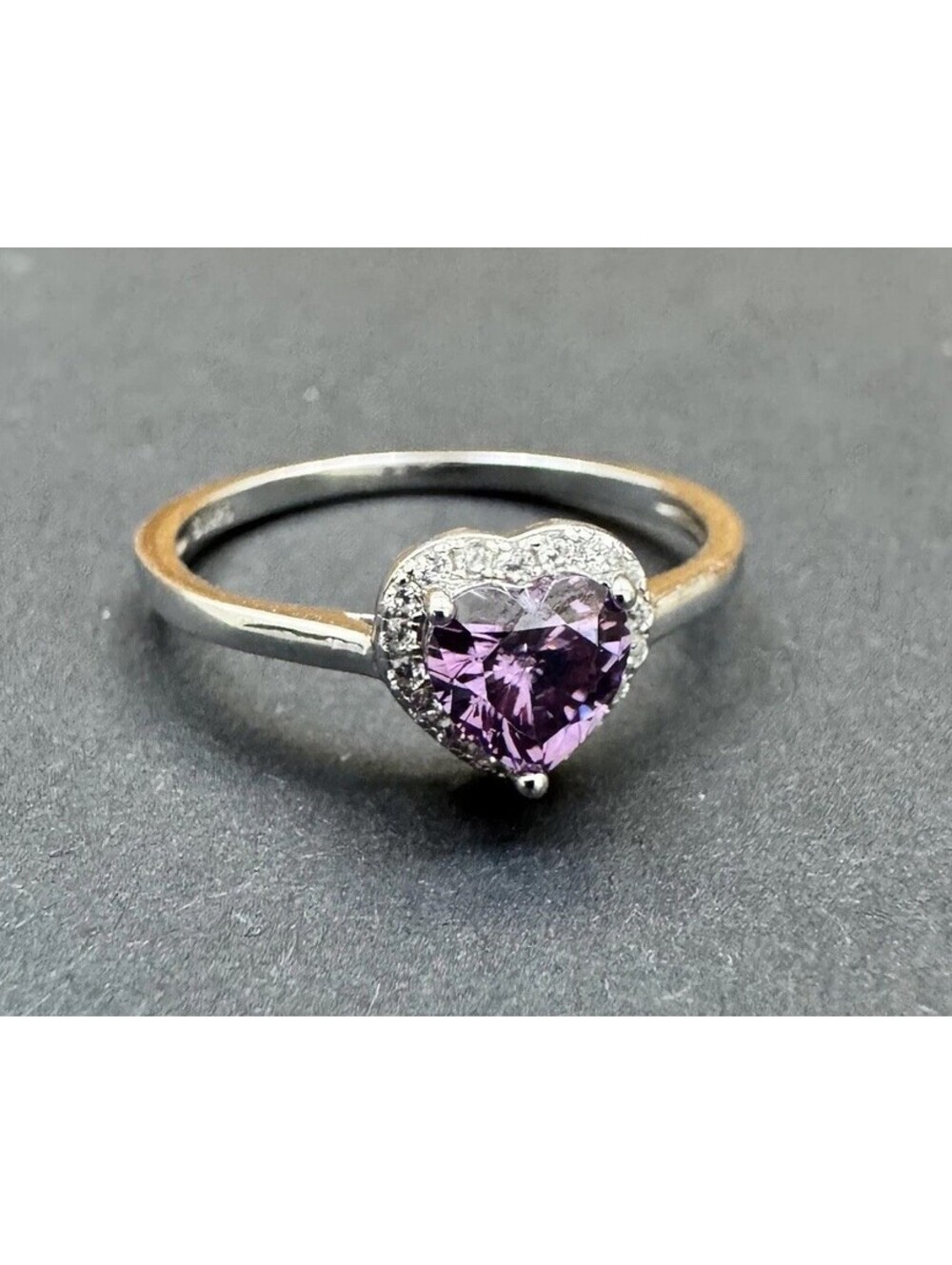 Cubic Zirconia, Simulated Amethyst Heart Ring With Halo, 925 S , Size 10.25